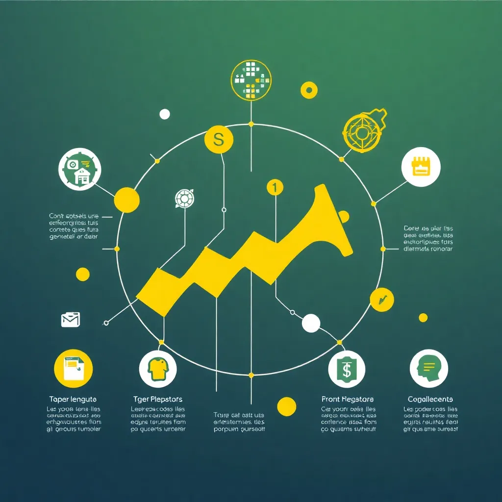 Gráficos de marketing y publicidad digital con elementos en guinda y amarillo, simbolizando estrategias publicitarias innovadoras