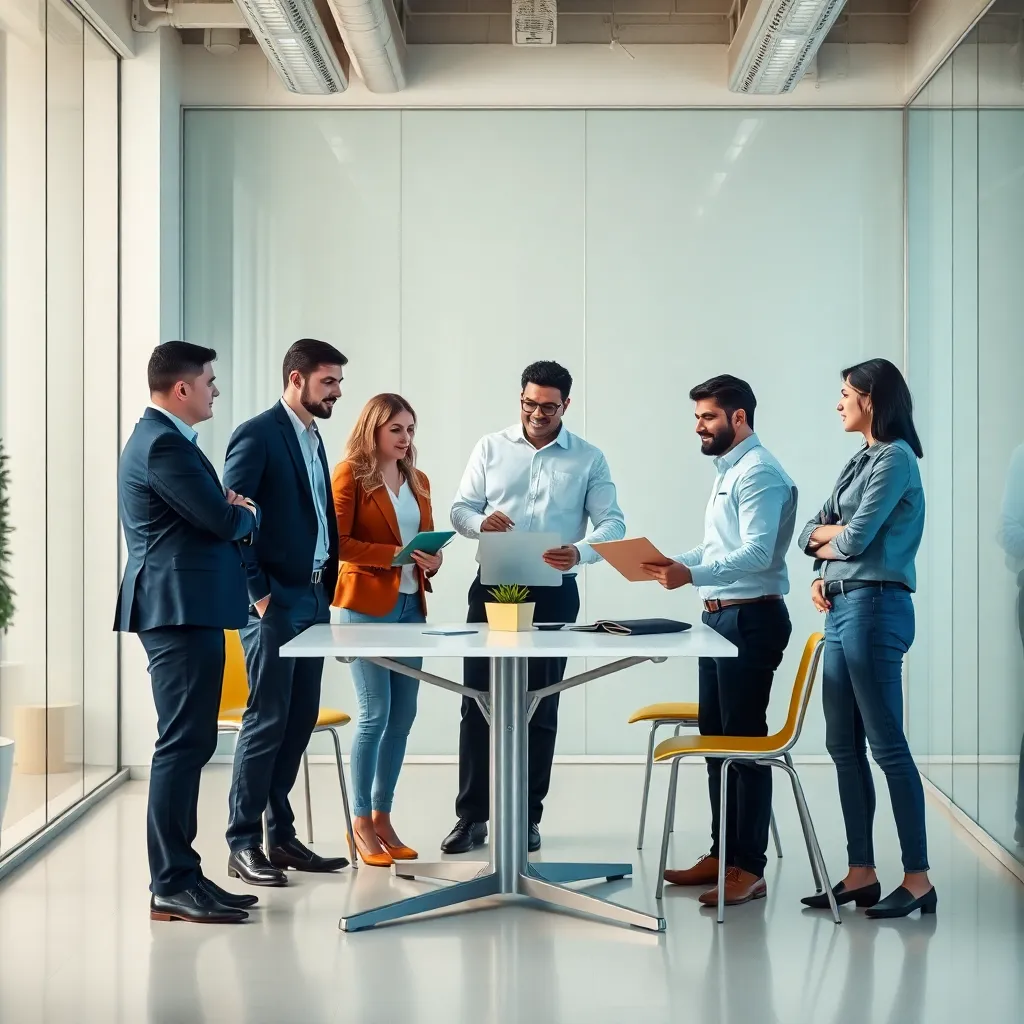 Equipo colaborando en una oficina moderna con elementos guinda y amarillo, simbolizando innovación y trabajo en equipo para servicios empresariales