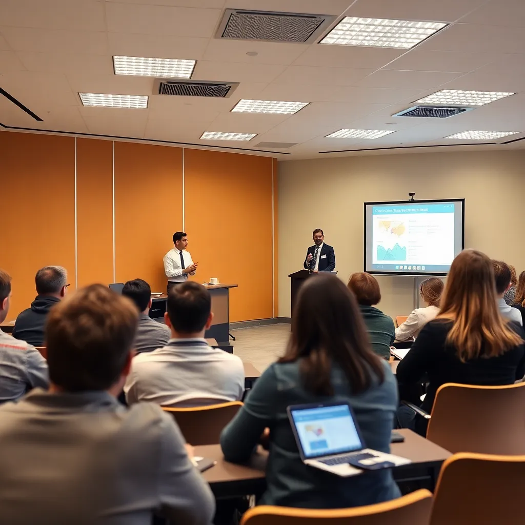 Sesión de capacitación con presentaciones visuales y participantes en un entorno educativo guinda y amarillo, representando formación profesional en contratos estatales
