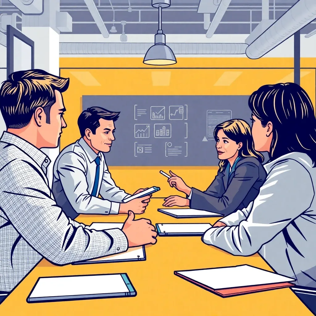 Equipo de oficina discutiendo procesos administrativos en entorno guinda y amarillo, ilustrando gestión empresarial eficiente